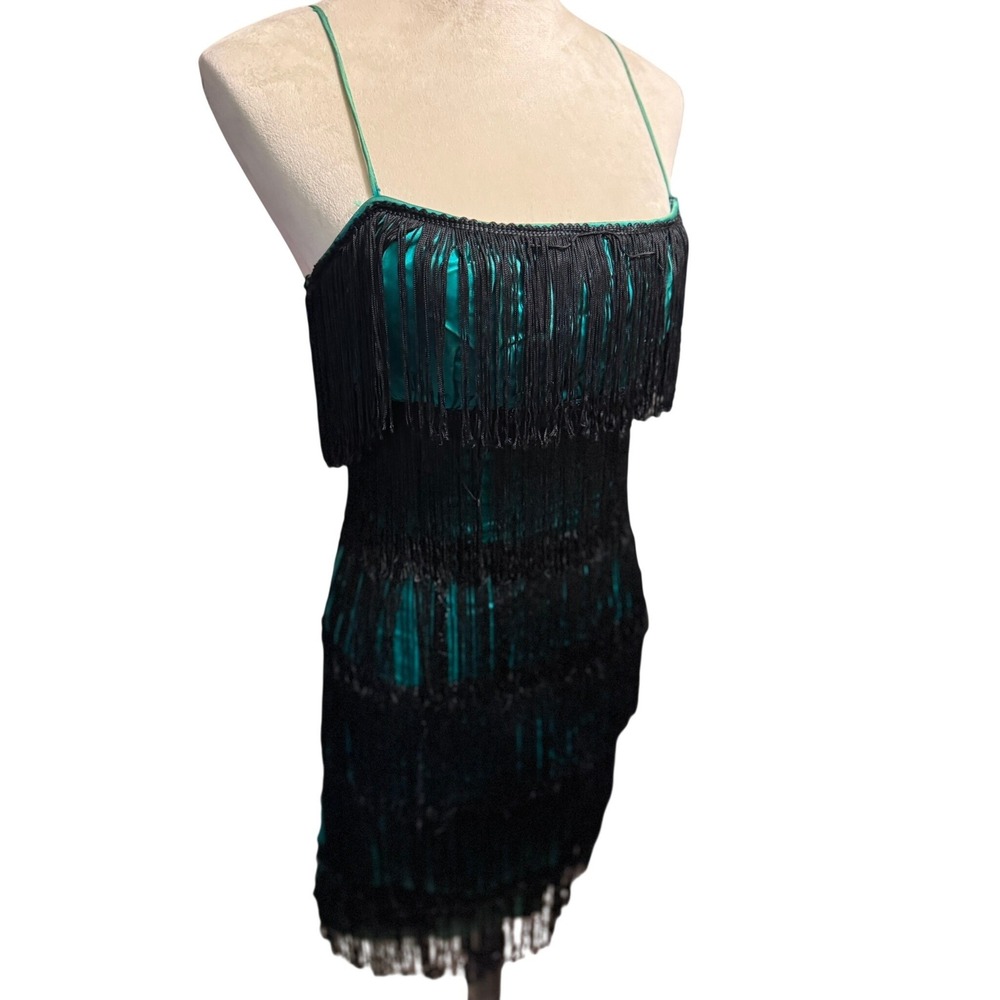 Vintage Flapper Fringe Mini Dress Emerald Green Black Tiered Gatsby Costume‎ S